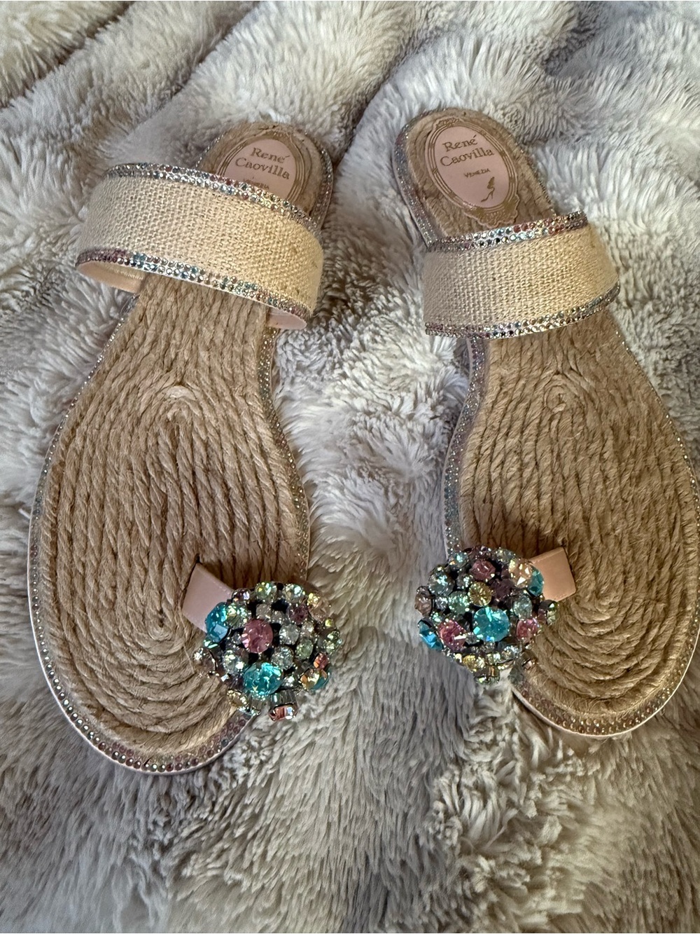 Rene Caovilla Beige Rope Slide Sandals with Multicolor Gem Accents